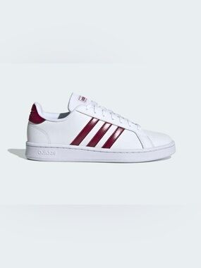 Woman’s Adidas Grand Court White Low-Top Sneaker with Burgundy Stripes